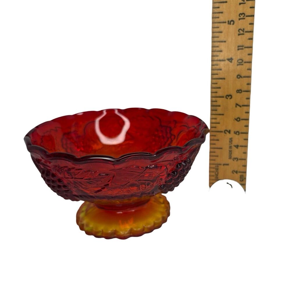 VTG L E Smith Harvest Grapes Amberina Glass Pedestal Bowl Pie Crust Rim 5" Wide - Picture 5 of 6